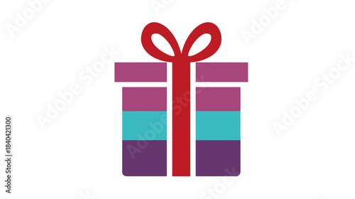 Colorful striped gift box icon with red ribbon and bow. Flat design present illustration for celebration, shopping, and holidays.