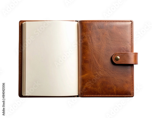 Open Brown Leather Journal with Blank Pages, Top-Down View, Isolated
