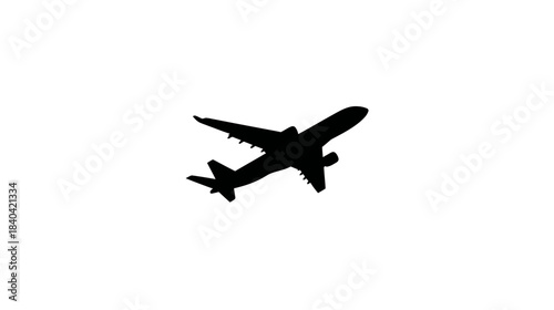 Black silhouette of a commercial airplane flying against a white background, symbolizing air travel, global transportation, and aviation.