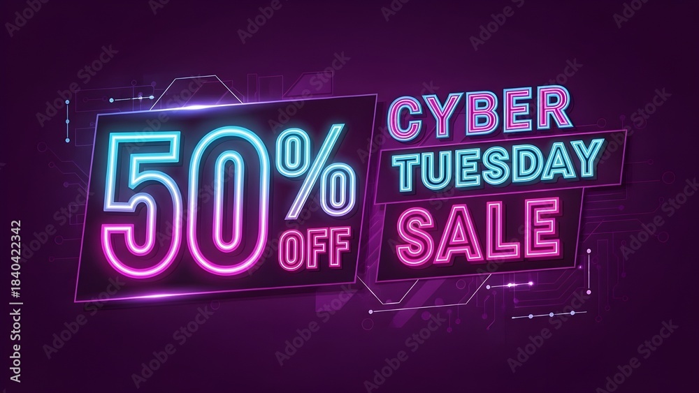 Obraz premium Cyber Tuesday Sale Banner 50% Off - Neon Typography Design, E-commerce Promotion Template, Purple Gradient Vector