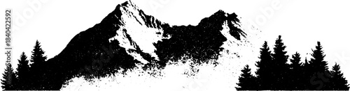 Black and white mountain silhouette with fog and pine trees for artwork or posters