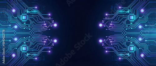 Cybernetic Circuitry: A mesmerizing digital rendering showcases intricate circuit board patterns, glowing with vibrant blue and purple light, symbolizing the cutting edge of technology and innovation.