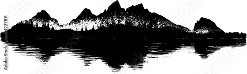 Black and white mountain reflection stencil illustration for nature-themed design