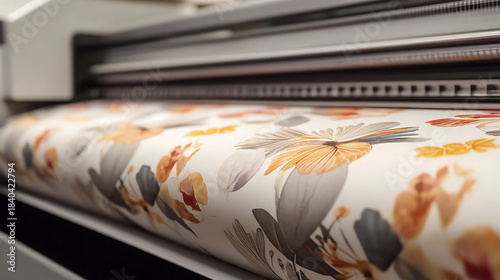Industrial printer producing a roll of custom-designed floral wallpaper. The pattern is a mix of neutral and orange tones. Printing industry at work, generating home decor.