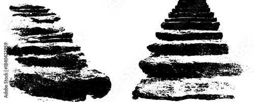 Black and white stencil art of rustic stone staircases for urban design