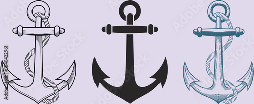nautical ship anchor vector set showcasing traditional maritime anchors, rope details, tattoo design elements, line art, silhouette style, and vintage engraved illustration for navy, marine.