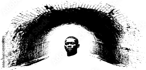 Black and white stencil illustration of urban underpass with human silhouette