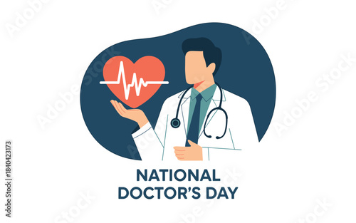 Illustration of illustration for national doctors day featuring a male doctor holding a heart with an ecg waveform