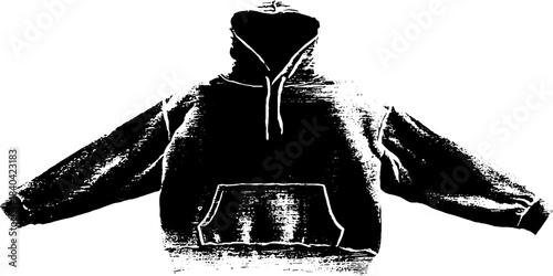 Black and white stencil illustration of oversized hoodie design for urban art projects