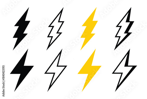 A set of lightning icons. Minimalist thunder shapes collection for electricity, weather, or technology Vector design elements.
