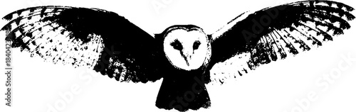 Black and white stencil of perched owl with outstretched wings