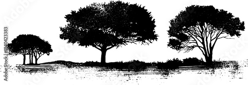 Black and white stencil illustration of tree silhouettes in plains landscape