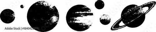 Black and white planetary orbit stencil illustration for space-themed design