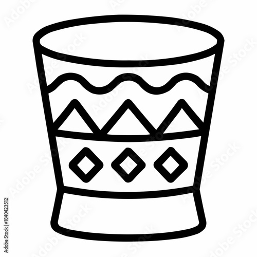 Line icon of a drum with tribal pattern — traditional music, black on white, square minimalist style