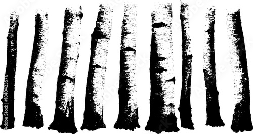 Black and white stencil art of rain-soaked tree trunks with grunge texture for urban design