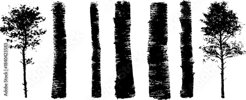 Monochrome stencil silhouette of rain-soaked trees and textured trunks for urban art design projects