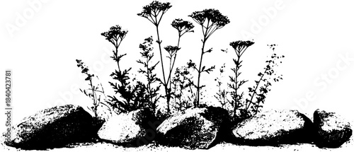 Resilient mountain scene with black and white stencil illustration for nature and design projects