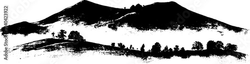 Black and white stencil of hill silhouette scene for art and design projects