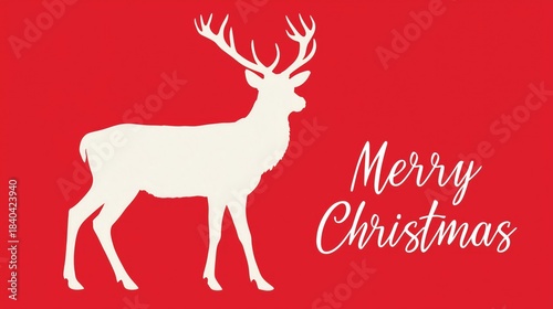 White reindeer silhouette with antlers, paired with "Merry Christmas" cursive text, set against bright red background. Festive holiday design, ideal for wallpaper, poster, banner