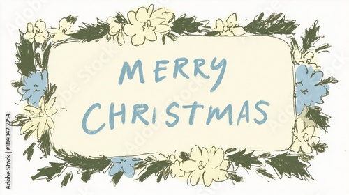 Merry Christmas handwritten text in blue, framed by floral wreath with white and light blue flowers and dark green leaves, set against light background. Festive holiday greeting design