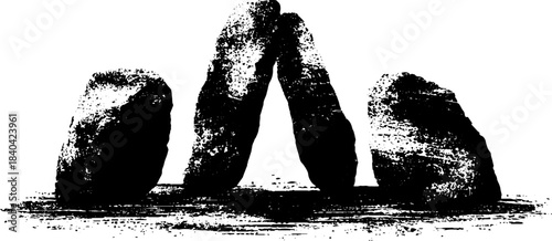 Monochrome stencil art of ritual stones in abstract composition for design projects