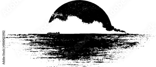 Black and white stencil of river foam gathering on water surface