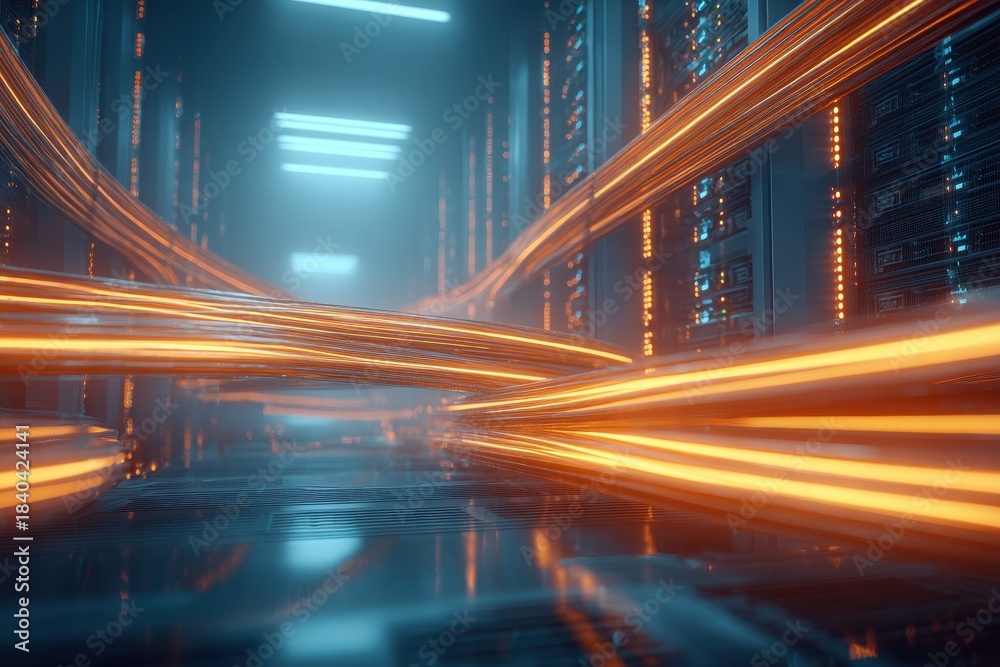 Obraz premium Glowing Network Cables Interconnecting in a Dark Data Center