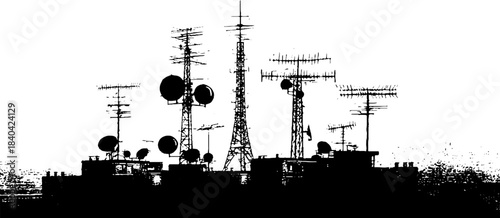 Urban rooftop antenna silhouette art in black and white for modern designs