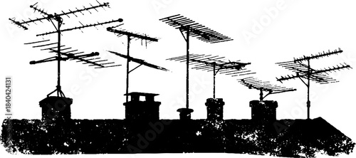 Vintage rooftop antenna silhouettes in rustic black and white stencil art