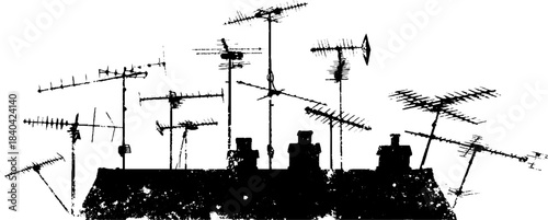 Gritty urban rooftop antenna silhouette in black and white stencil art