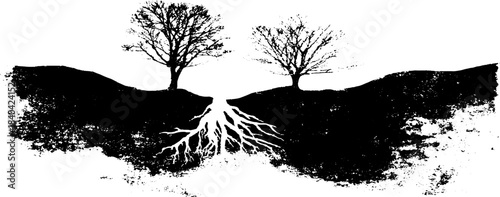 Black and white stencil of trees and erupting roots for urban art design