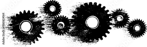 Black and white stencil of rotating gears illustration for industrial design
