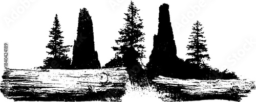 Black and white stencil illustration of fallen bark and forest silhouette for urban art and design