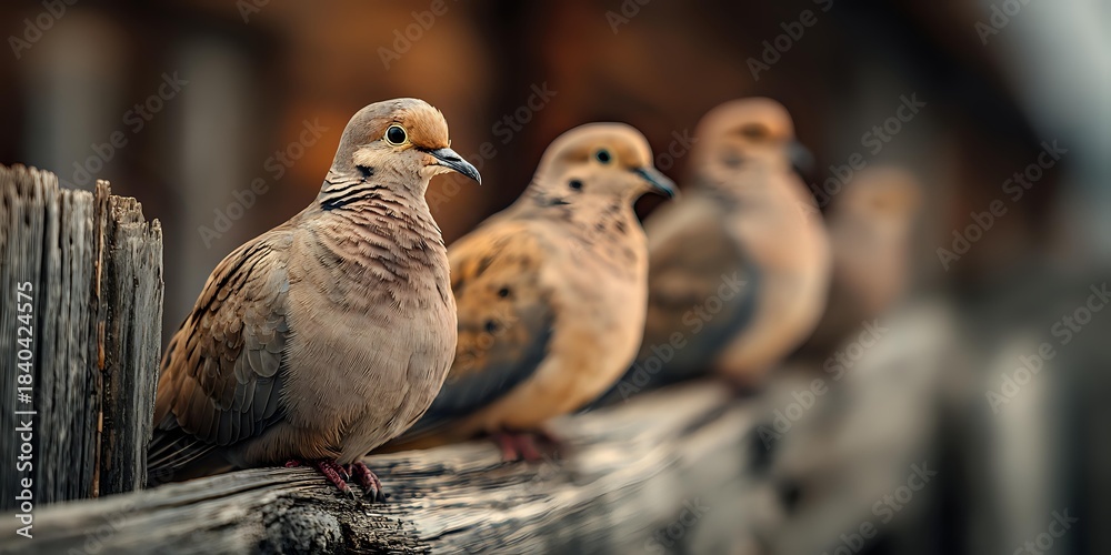 Obraz premium Three mourning doves perched on weathered wooden fence in soft natural light with blurred background creating peaceful wildlife scene for nature photography.