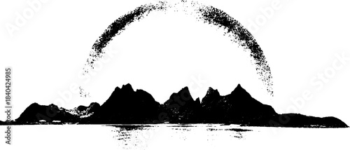Black and white stencil of shoreline tide pools with mountain silhouette for coastal artwork