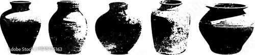 Black and white stencil of five handmade pottery vases