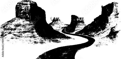 Black and white stencil illustration of eroded canyon landscape for artistic design