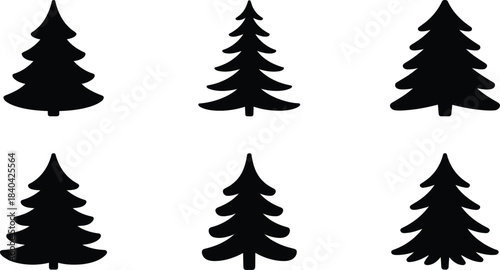 Minimalist Black Christmas Tree Silhouettes Set of Six on White Background