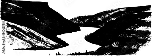 Black and white stencil of eroded canyon with river silhouette for art and design