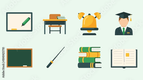This flat design vector illustration presents a modern set of icons for classroom environments and teaching activities, perfect for educational materials and platforms.