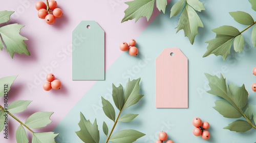 Blank pastel gift tags (mint, pink) placed on split pink-aqua background, surrounded by green textured leaves and coral berries. Minimal festive decor design, ideal for wallpaper, poster, banner