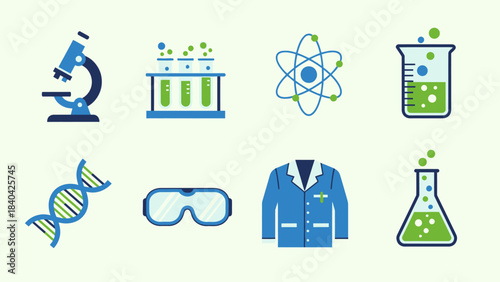 This flat design vector illustration presents a modern set of icons for science labs and research, perfect for scientific institutions, educational platforms, and biotechnology. 