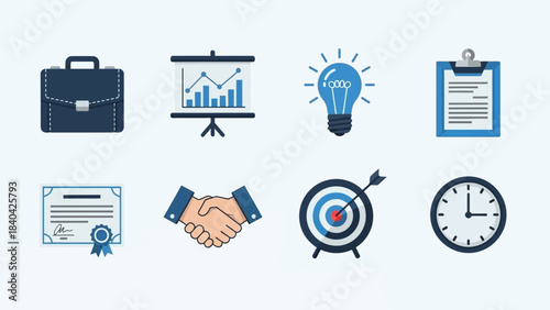 This flat design vector illustration presents a modern set of icons for professional development and adult learning, ideal for corporate training, workshops, and career advancement platforms. 