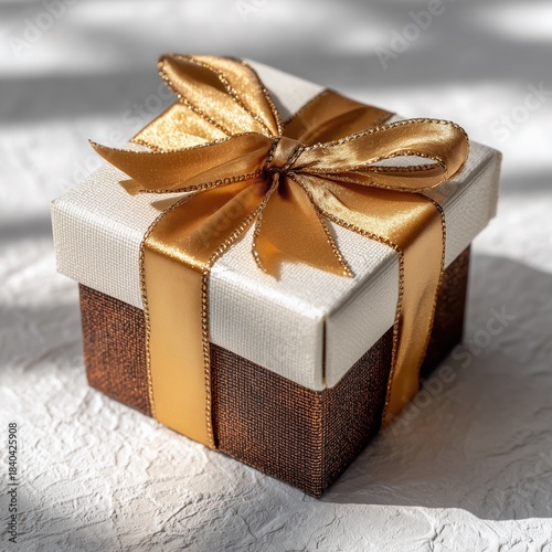Elegant gift box (white and brown textured) tied with shiny gold ribbon bow, placed on light crinkled surface with soft shadows. Luxury festive present design, ideal for wallpaper, poster, banner