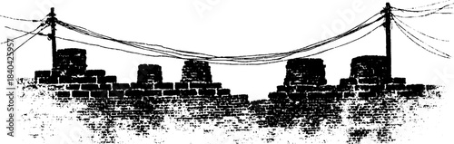 Rustic urban electrical lines stencil on brick wall - black and white concept art