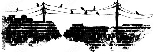 Urban power lines and birds silhouette stencil art for creative design