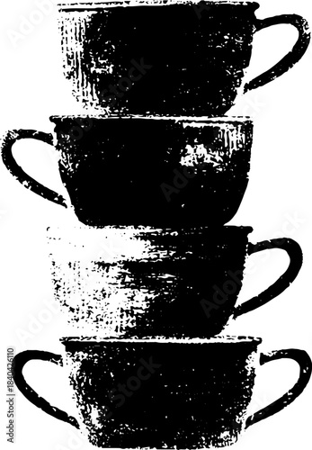 Black and white stencil illustration of stacked vintage mugs for retro decor and design