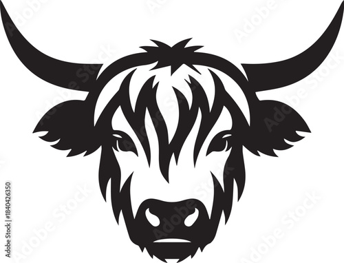 Black and White Highland Cow Mascot with Iconic Long Fringe and Bold Clean Outline