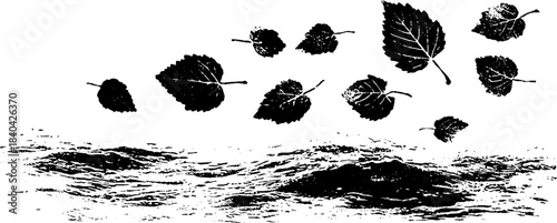 Black and white stencil illustration of submerged leaf shapes in artistic style