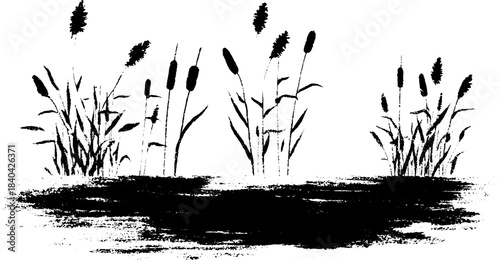 Black and white stencil art of submerged creek grass with silhouette design for nature posters
